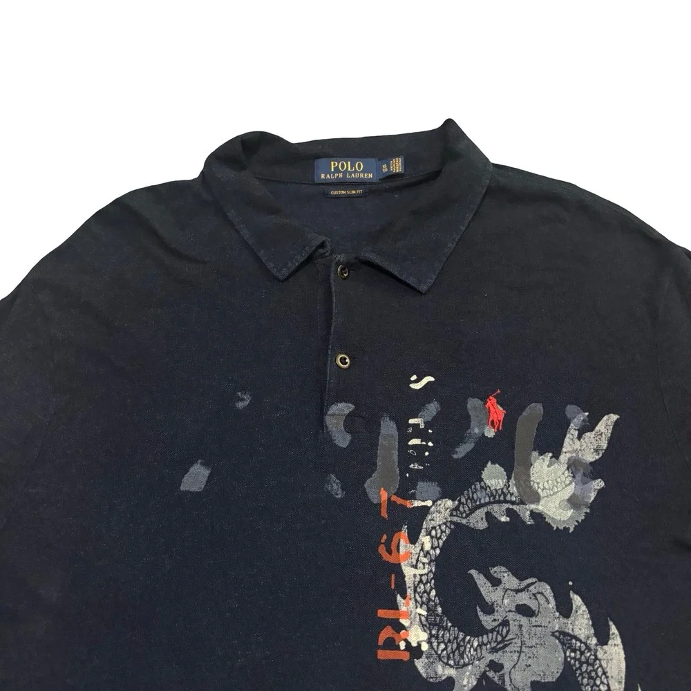 Polo Ralph Lauren Mens XL Custom‎ Slim Fit Dragon Graphic Polo Shirt Navy Blue